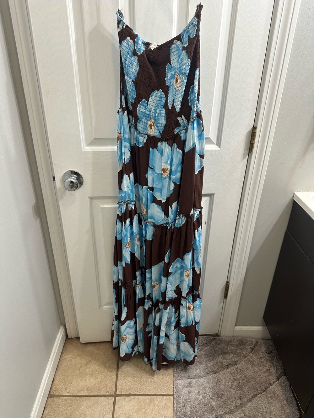 Brown Strapless Maxi Dress with Blue Floral Print